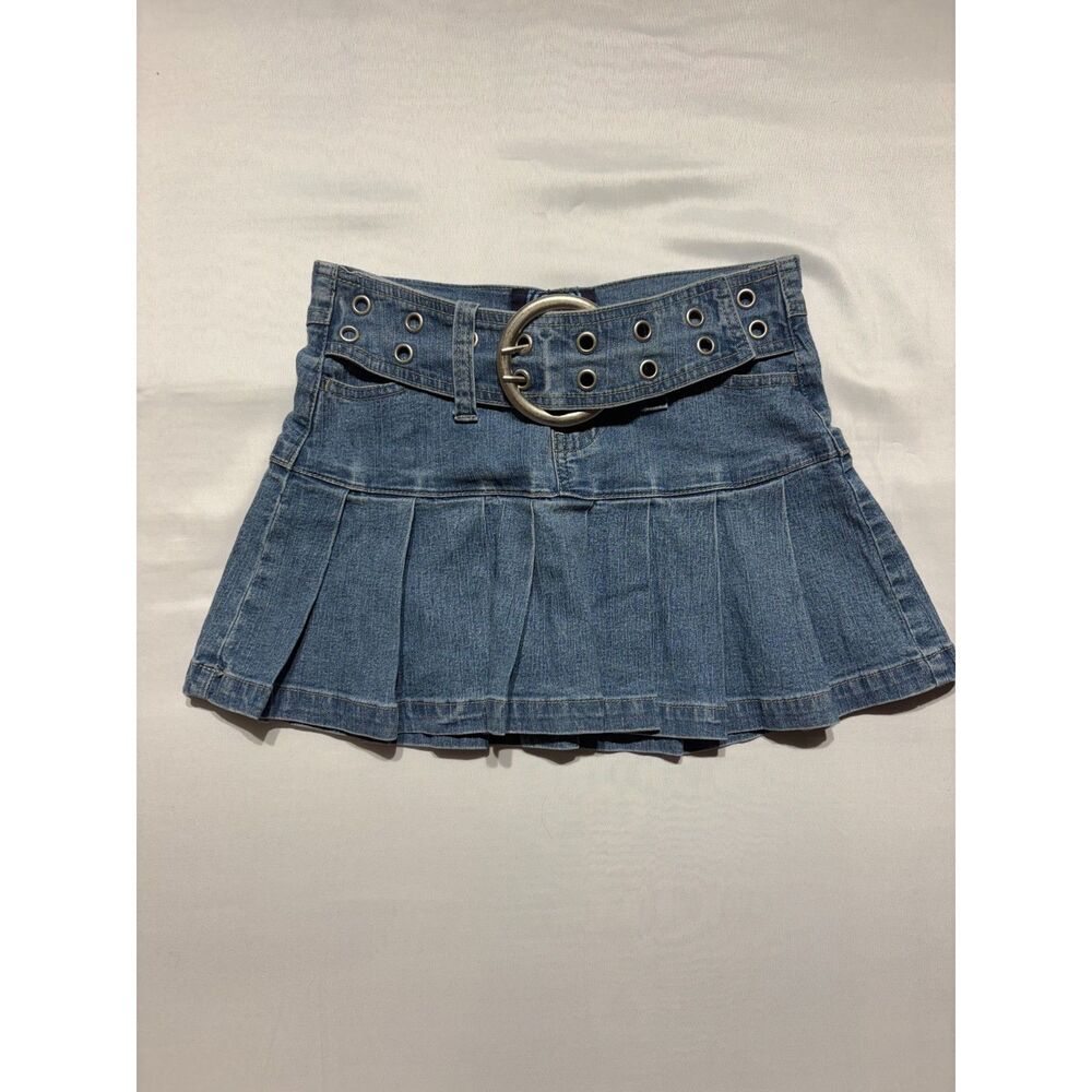 Angels Y2K Denim Mini Skirt Pleated Studded Belt Low Rise